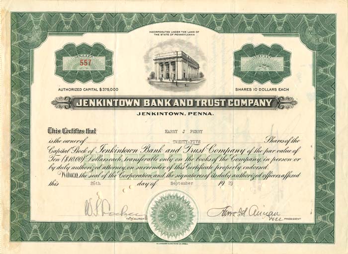 Jenkintown Bank and Trust Co. - Stock Certificate